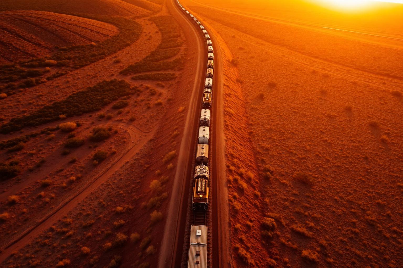 Aerial view of train through landscape